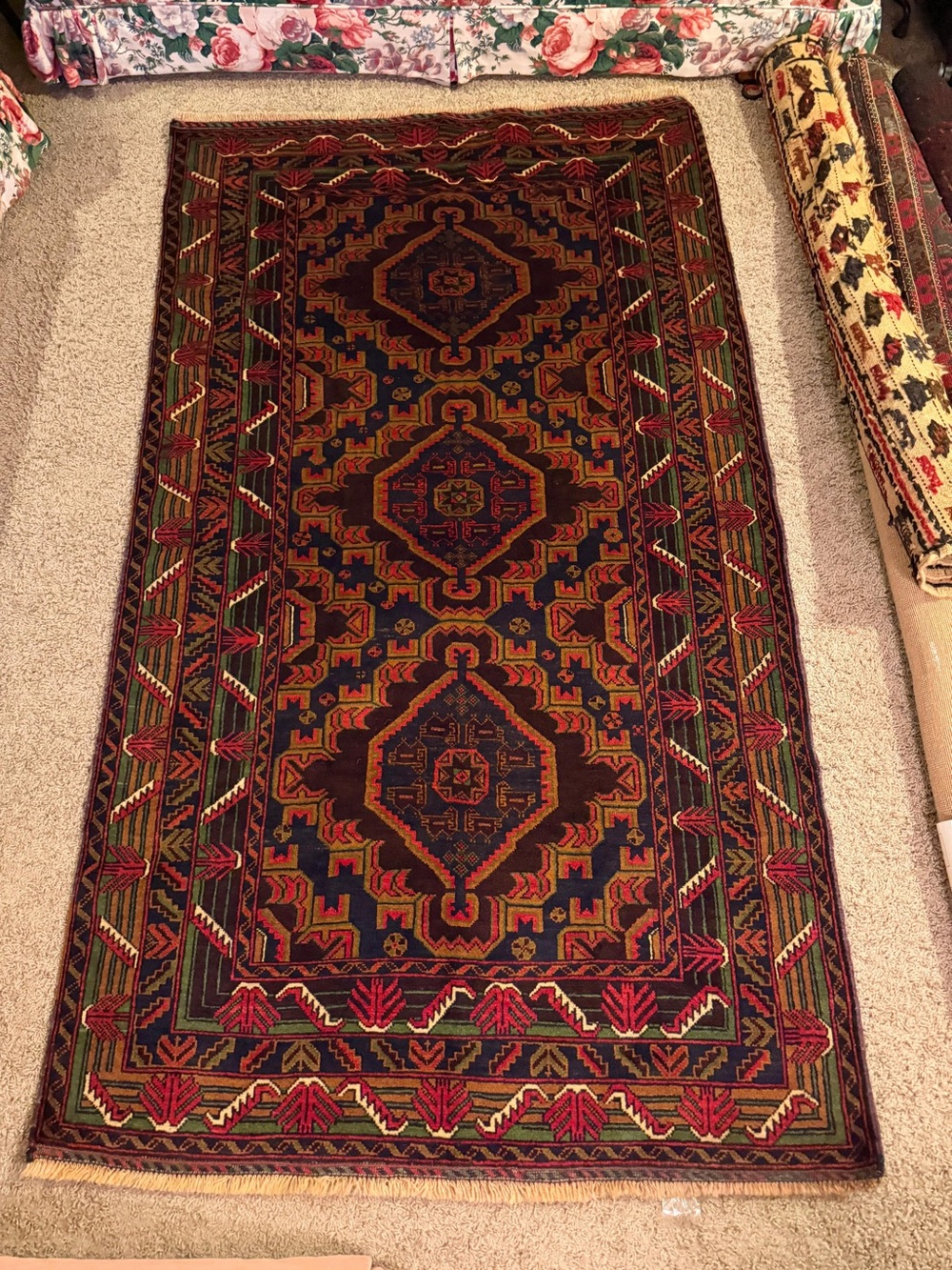 Handwoven Geometric Tribal Runner Rug in Deep Navy and Rust